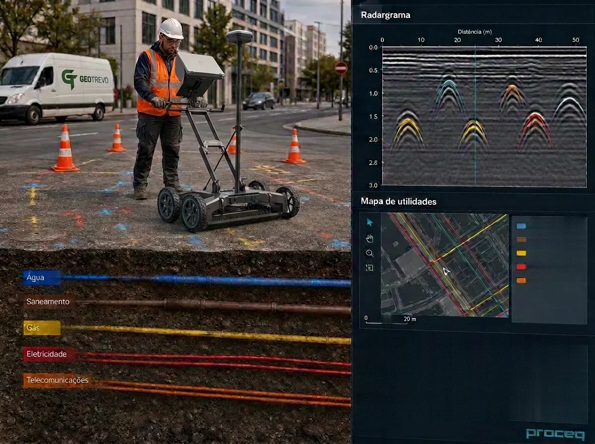Técnico com capacete e colete de alta visibilidade a operar um georadar Proceq GS9000 numa rua urbana, com corte do subsolo a mostrar água, saneamento, gás, eletricidade e telecomunicações, radargrama e mapa de utilidades.