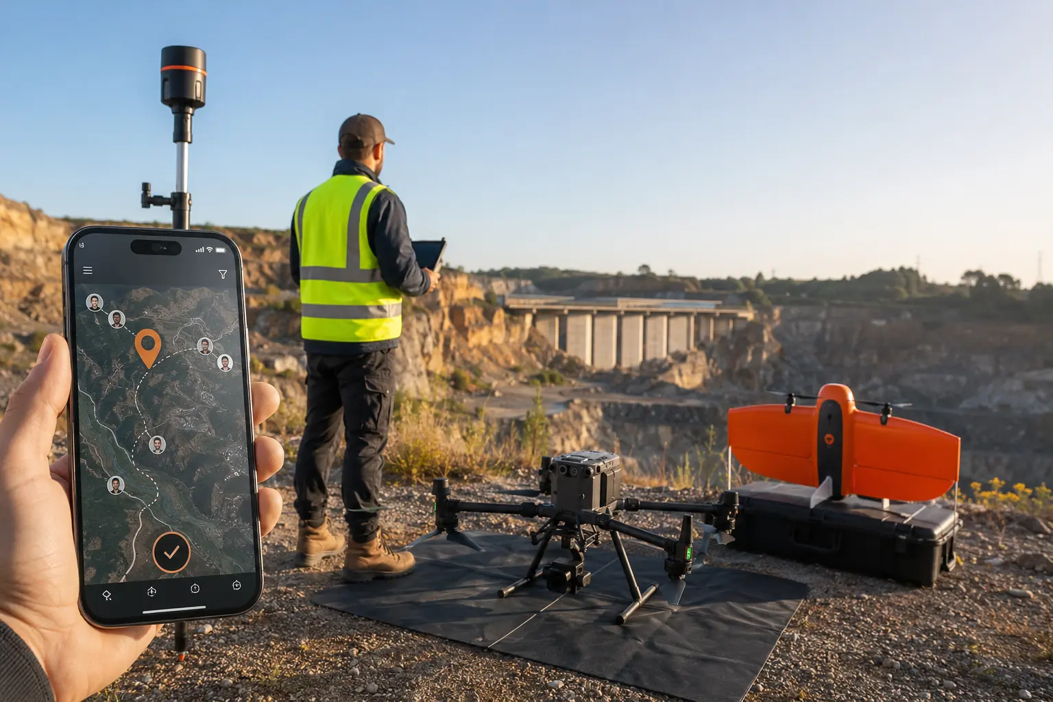 Operador numa pedreira ao amanhecer, com multirrotor pousado na plataforma e drone de asa fixa ao lado; em primeiro plano, um telemóvel mostra o mapa da missão e os pilotos disponíveis na zona.