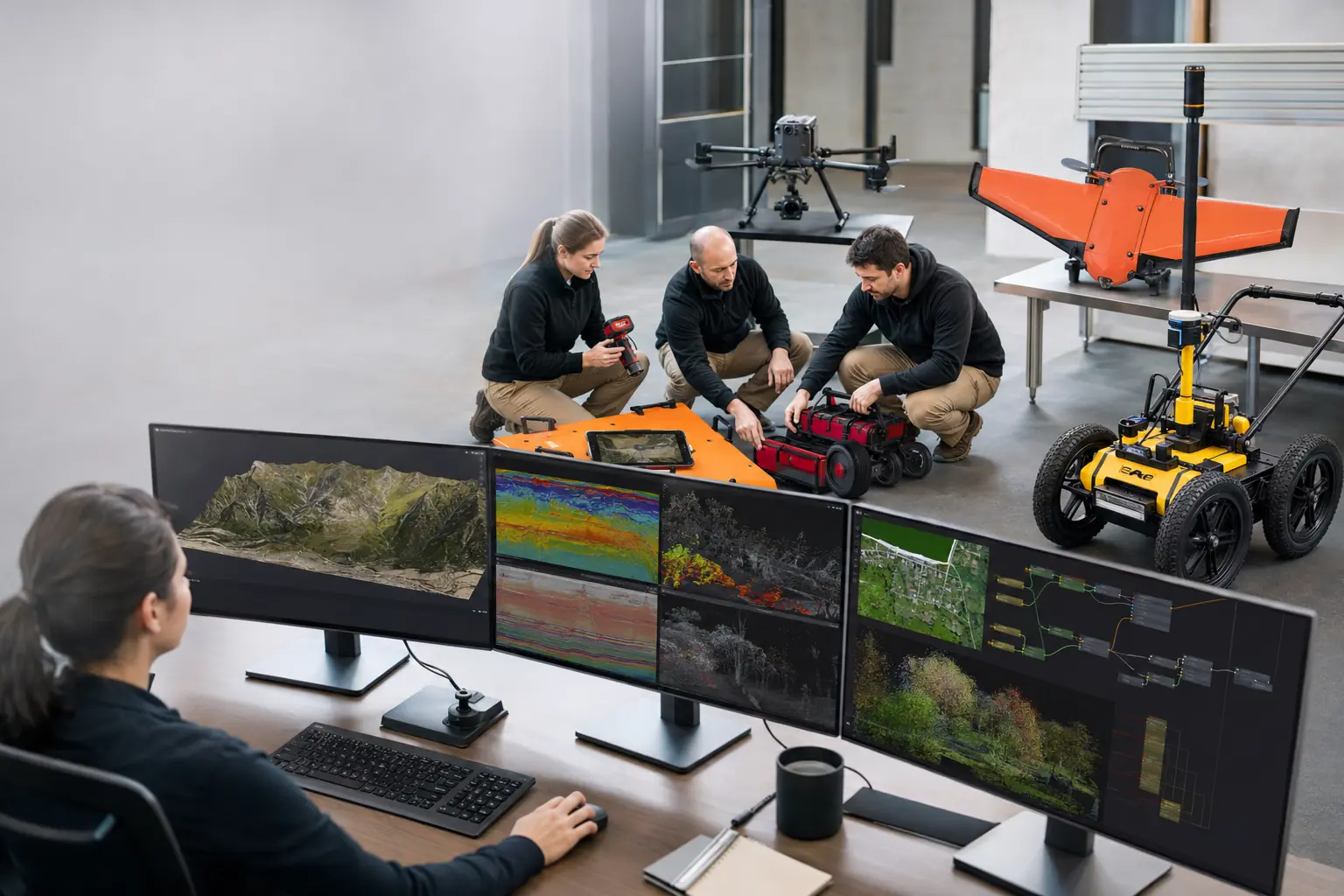 Posto de trabalho com três monitores a mostrar modelo de terreno, radargramas e nuvem de pontos; ao fundo, três técnicos a preparar um georradar junto a um drone de asa fixa.