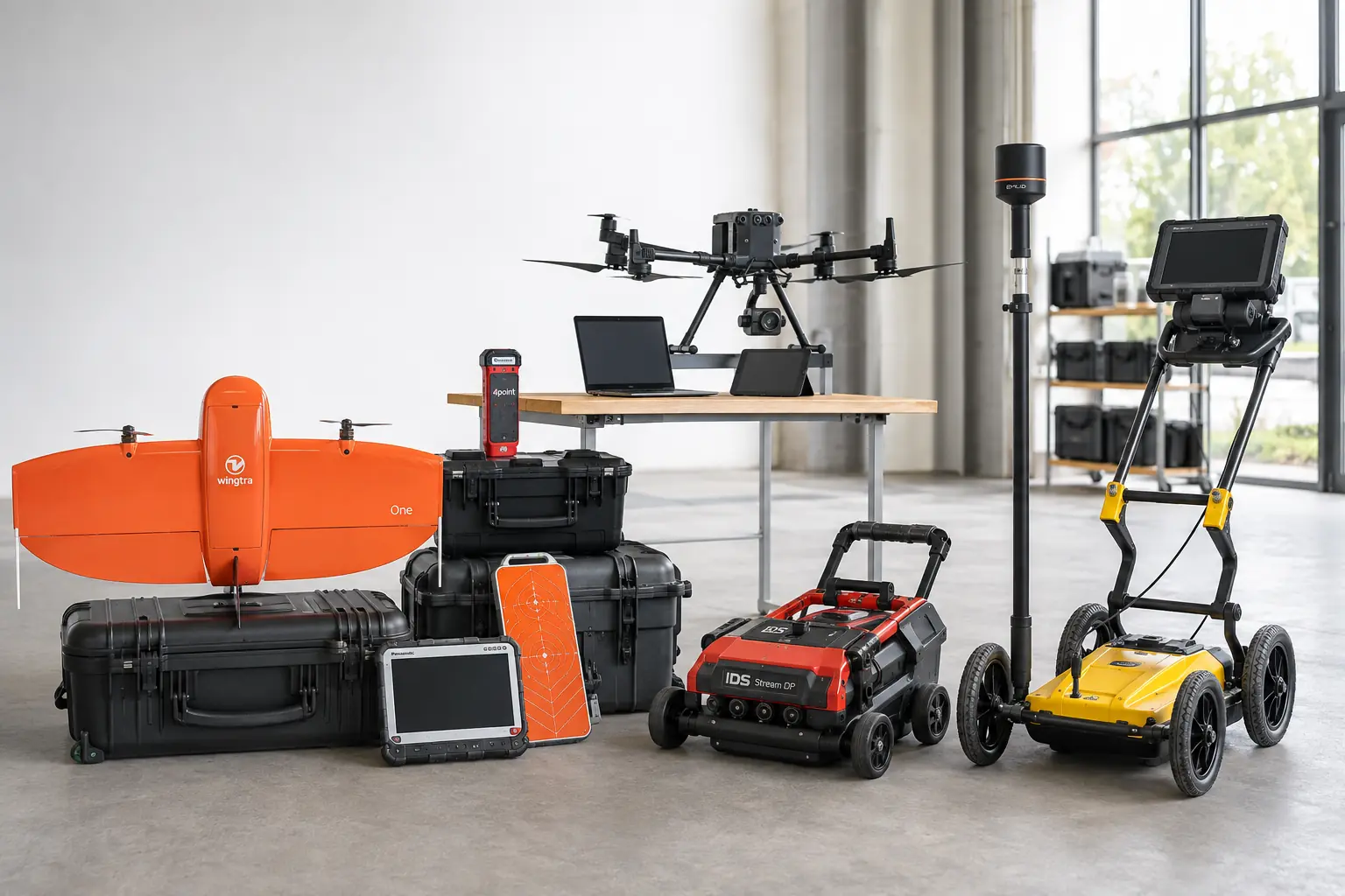 Frota de equipamento alinhada num armazém: drone de asa fixa, multirrotor, carros de georradar, antena GNSS, tablet reforçado e malas de transporte.