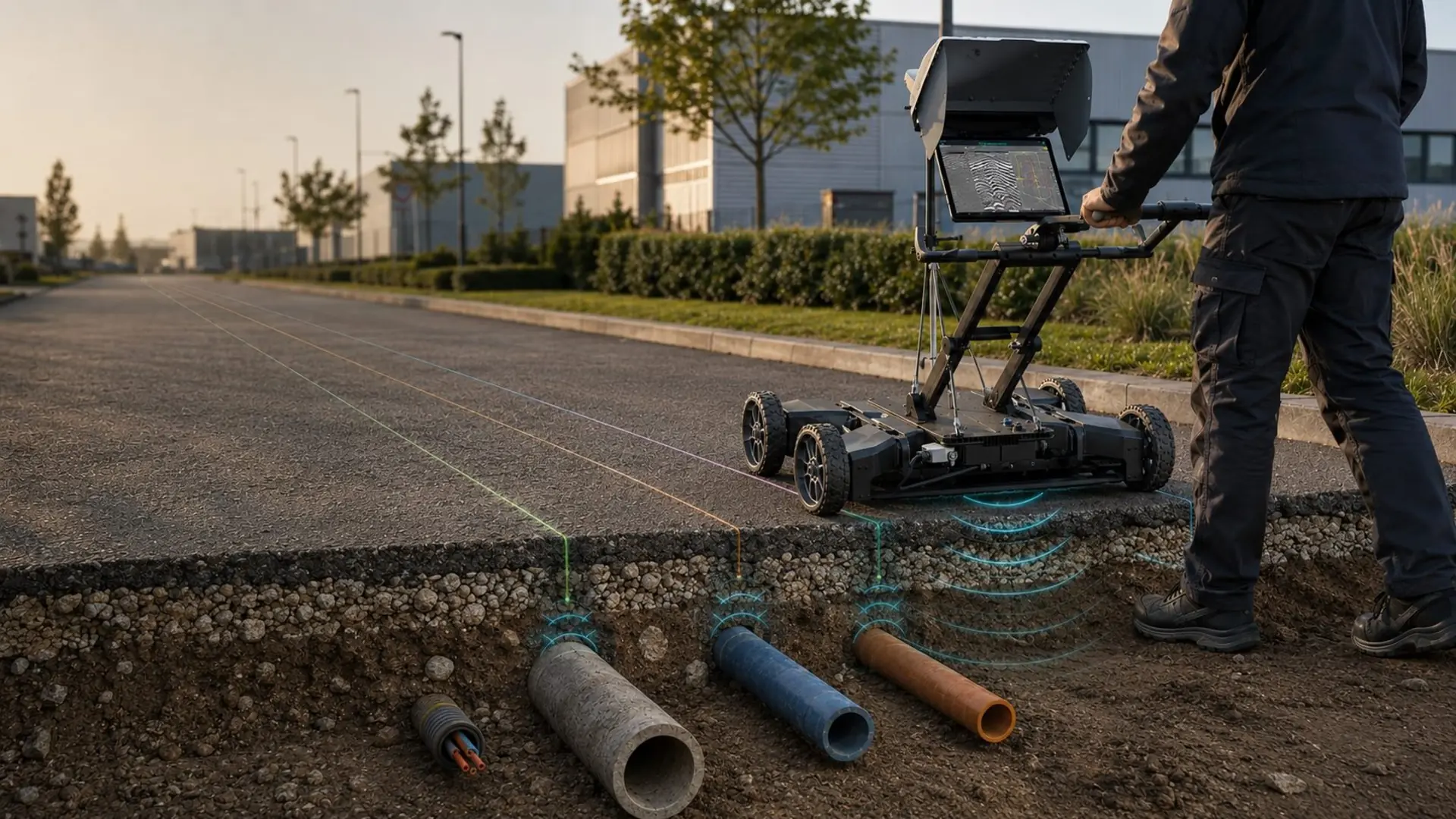 Técnico com capacete e colete de alta visibilidade a operar um georadar Proceq GS9000 numa rua urbana, com corte do subsolo a mostrar água, saneamento, gás, eletricidade e telecomunicações, radargrama e mapa de utilidades.