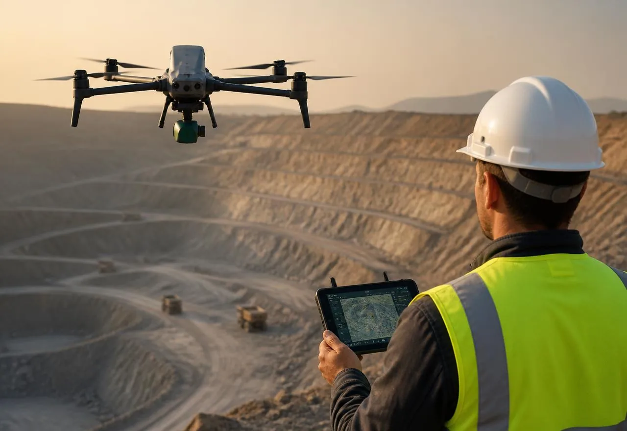 Levantamento com drone numa mina a céu aberto, técnico com controlo remoto sobre as bancadas.