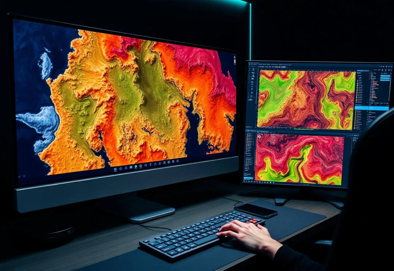 Estação de cartografia: imagens de satélite processadas em cartografia temática e curvas de nível.
