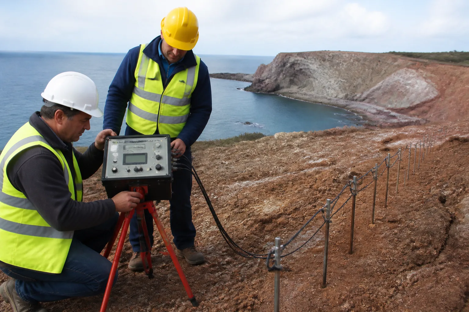 Equipa a executar tomografia de resistividade elétrica numa pedreira junto a arribas, para deteção de cavidades.