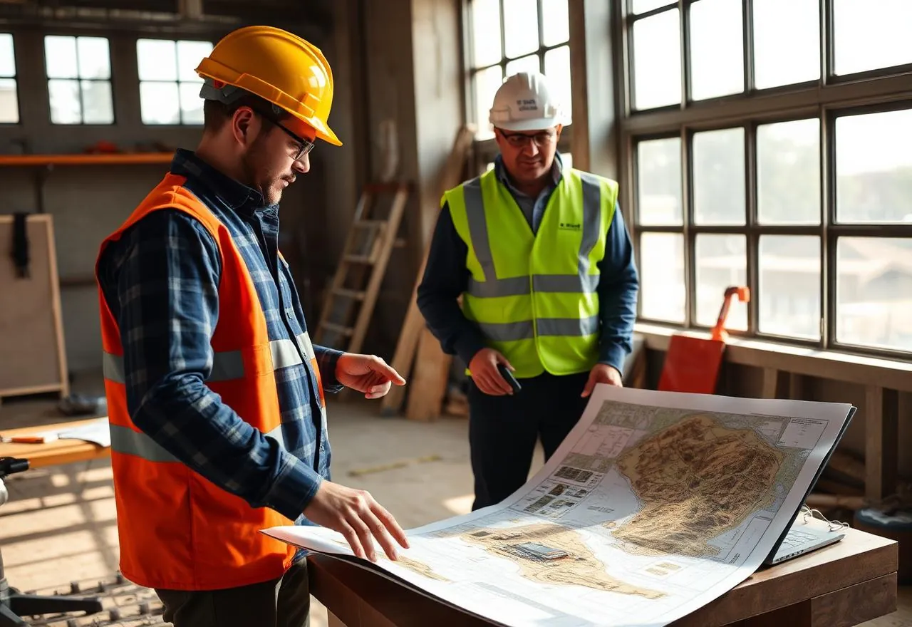 Consultoria de apoio ao projeto do cliente: engenheiros a analisar cartografia e modelo 3D do terreno em obra.