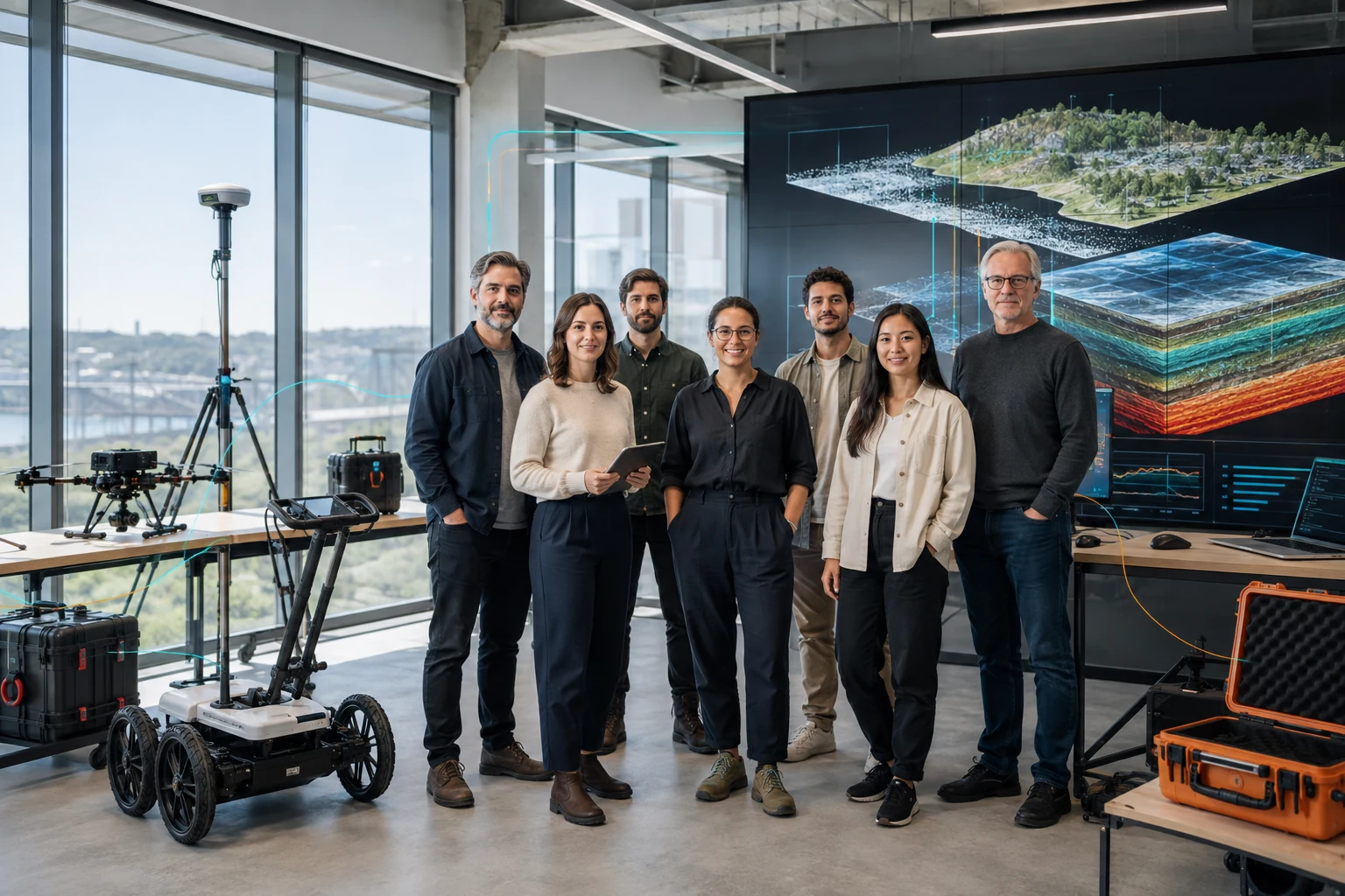 Equipa da ARROW4D® num escritório com vista sobre o rio, junto a um georradar, uma antena GNSS e um drone; ao fundo, um ecrã com um modelo de terreno e um corte geológico.