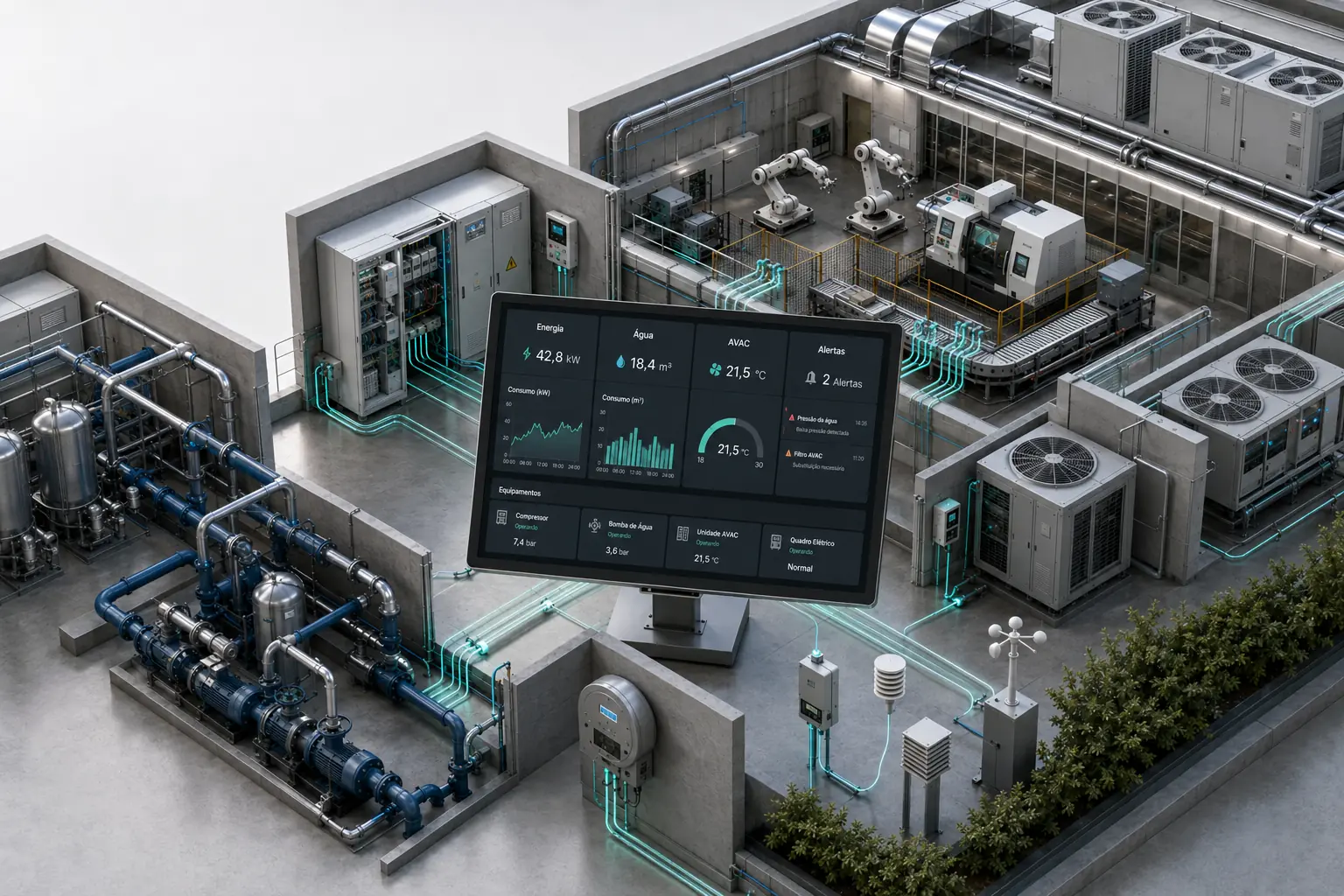 Corte de uma unidade industrial com quadros elétricos, robôs e máquinas-ferramenta ligados por linhas a um monitor que mostra consumo de energia e água, temperatura de AVAC e dois alertas.