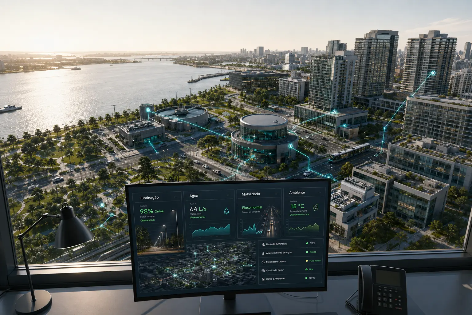 Vista aérea de uma frente urbana ao amanhecer, com estação de tratamento, edifícios e elétrico ligados por linhas; à frente, um monitor com iluminação, água, mobilidade e qualidade do ar.