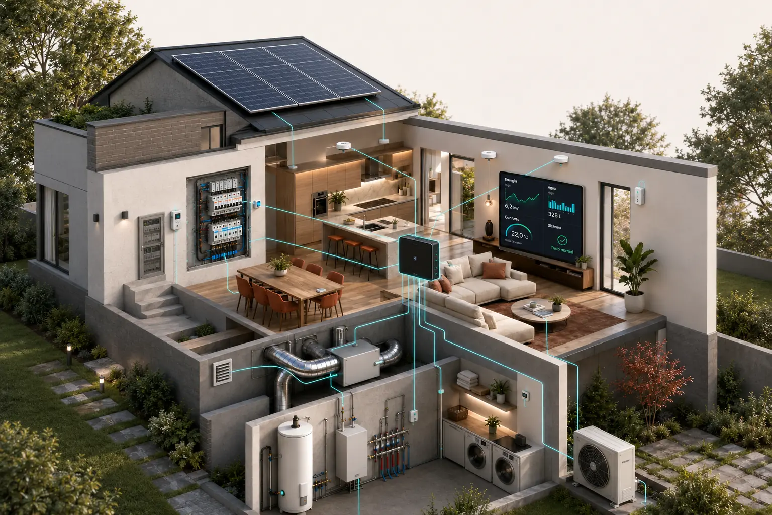 Corte de uma moradia com painéis solares, quadro elétrico, AVAC e termoacumulador ligados por linhas a um controlador central; num ecrã de parede, o painel de energia, água, conforto e estado do sistema.