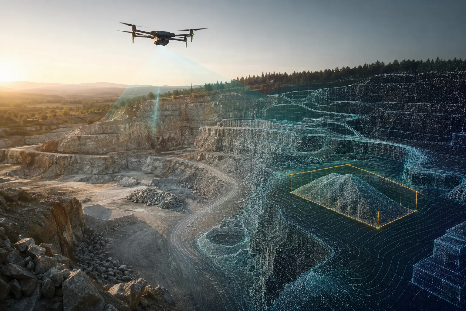 Drone a sobrevoar uma pedreira ao pôr do sol; sobre metade do terreno projeta-se a malha do gémeo digital, com uma caixa laranja a delimitar o volume de uma pilha de inertes.