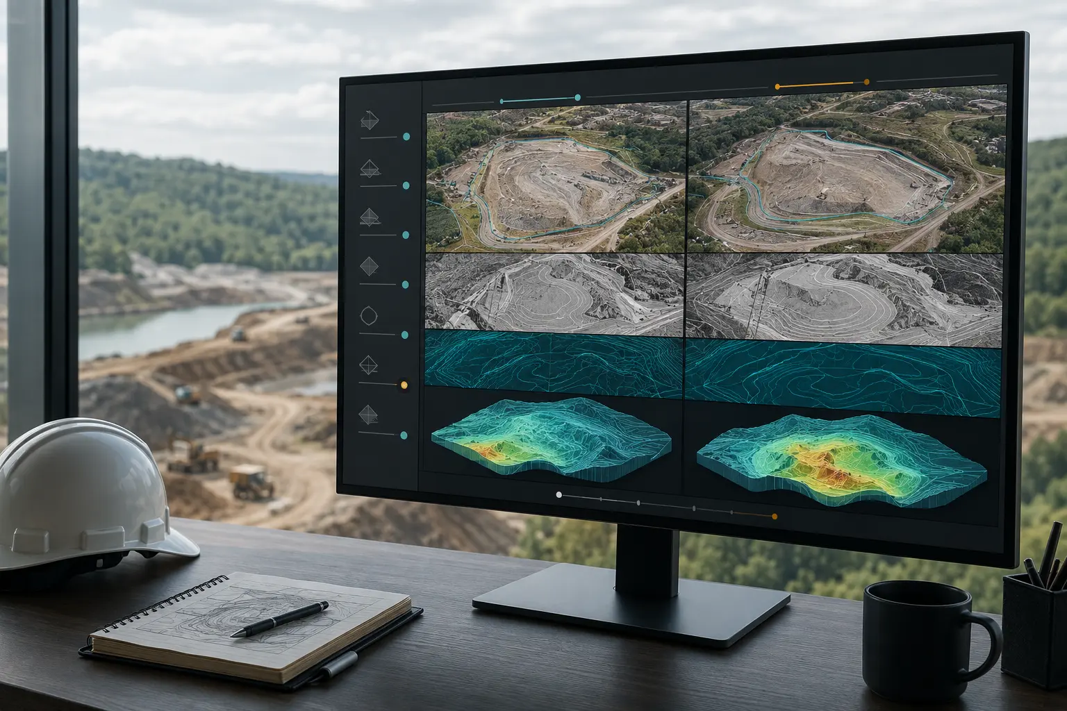 Monitor de secretária com quatro vistas da mesma pedreira lado a lado — ortofoto, curvas de nível e modelo 3D de elevação — para comparar duas datas.