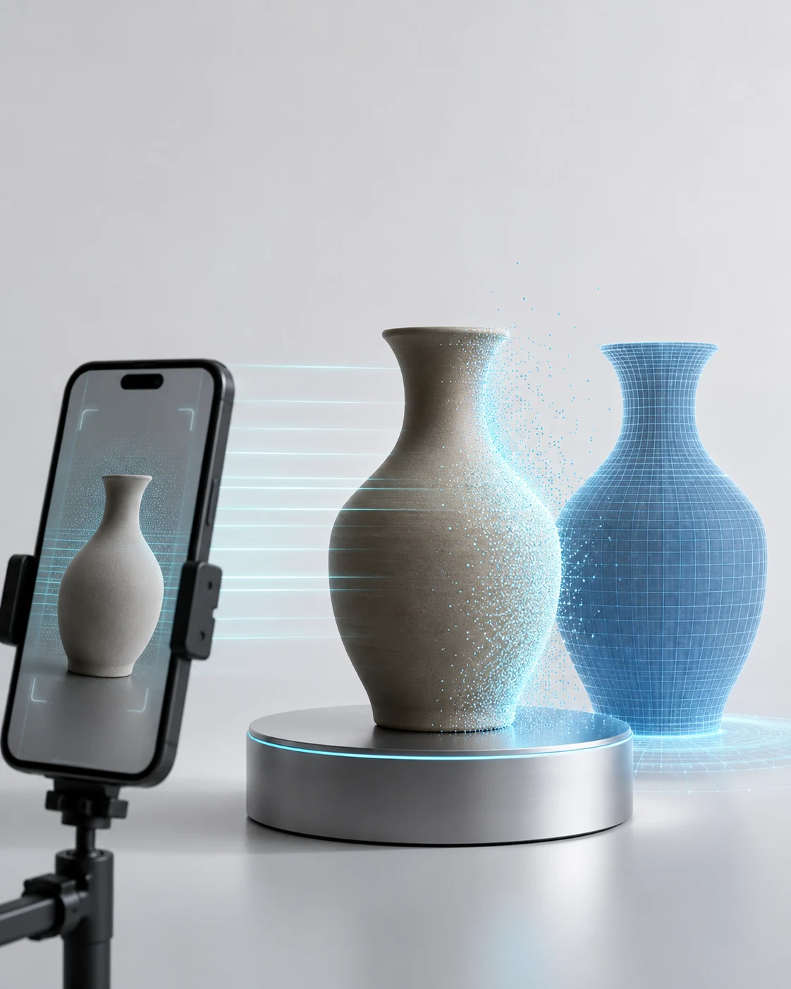 Telemóvel num tripé a digitalizar um vaso de cerâmica: ao lado, o mesmo vaso a dissolver-se numa nuvem de pontos e a malha 3D resultante.