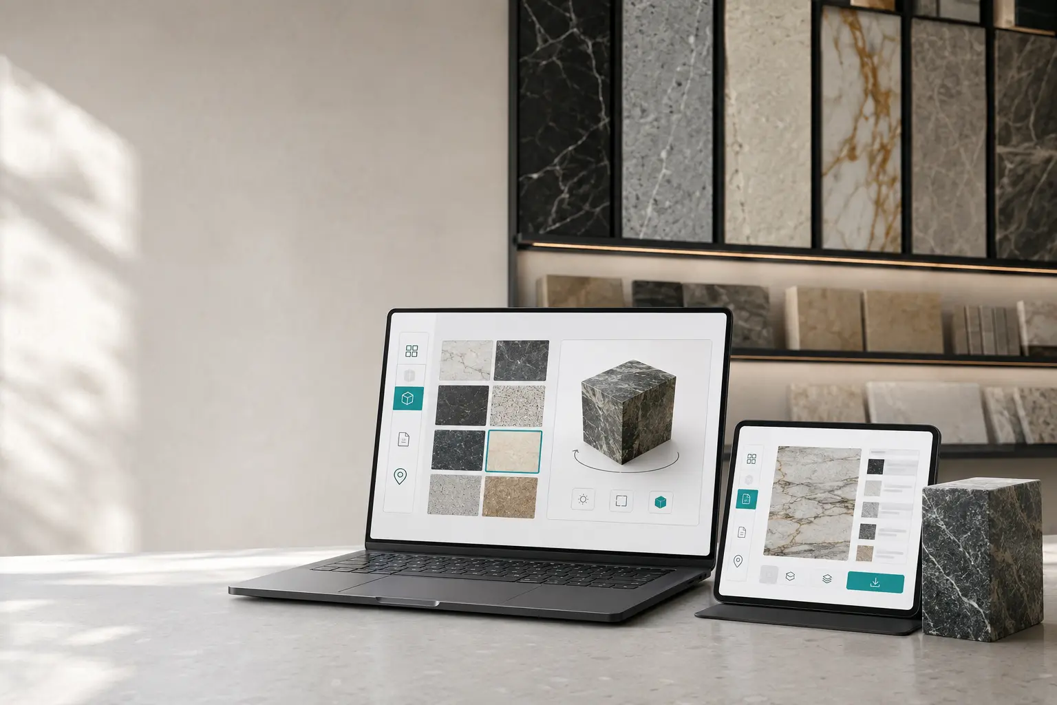 Portátil e tablet numa sala de amostras de pedra, com um catálogo digital de materiais e a pré-visualização 3D de um bloco.