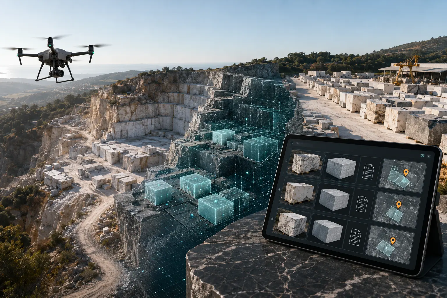 Drone a sobrevoar uma pedreira de mármore; sobre as bancadas projeta-se uma grelha 3D que delimita os blocos, e num tablet em primeiro plano vê-se o catálogo digital desses mesmos blocos.